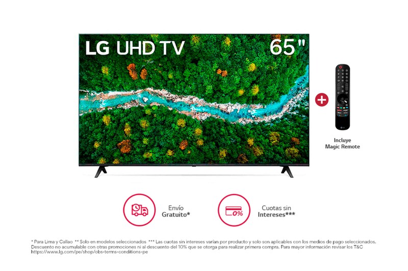Vista frontal de LG UHD ThinQ AI 65'' UP7760 4K Smart TV, 4K Procesador Inteligente α5 65UP7760PSB